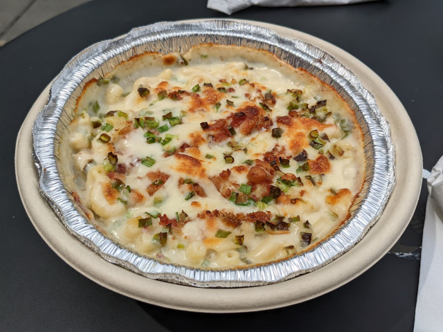 Nikki's Mac Lorraine, with bacon, scallions, and a Gruyère cheese sauce.